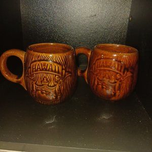 Vintage TIKI Style Coffee Mugs Hawaiian Hawaii Emblem Art Pottery set of 2